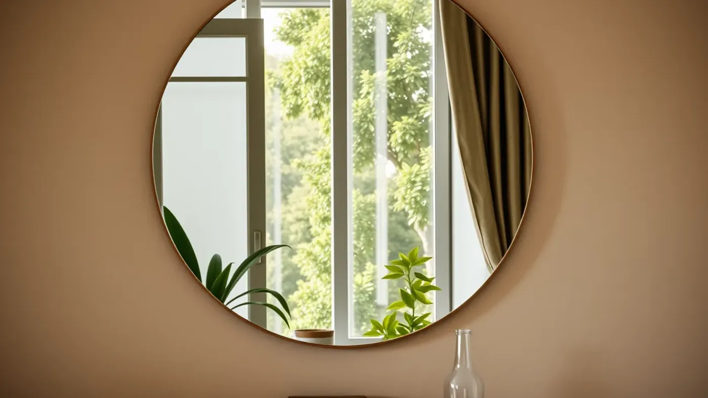 gương phòng ăn phản chiếu cửa sổ và cây xanh