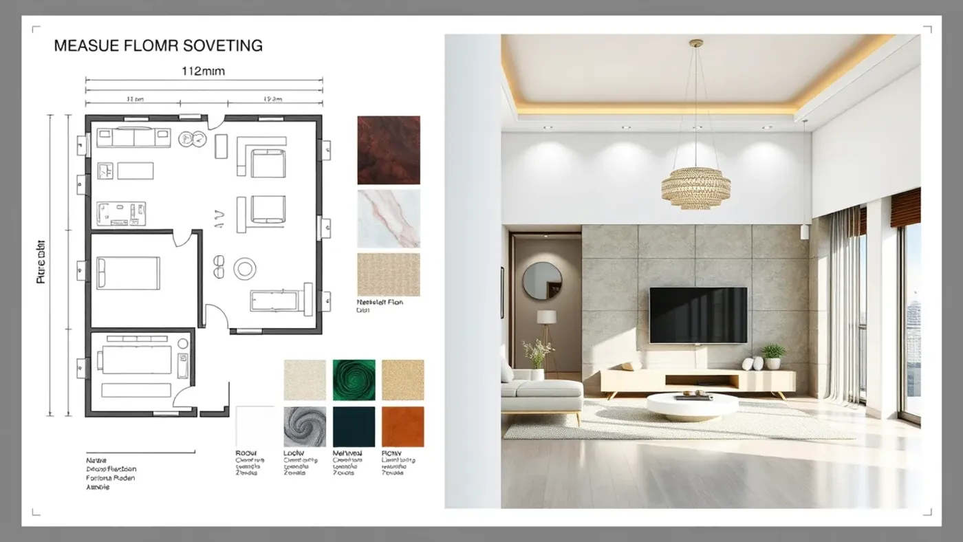 các bước lên mặt bằng và vật liệu phòng khách